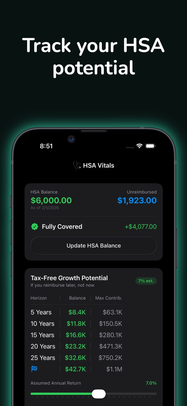Reimbursable app screenshot showing dashboard and HSA vitals